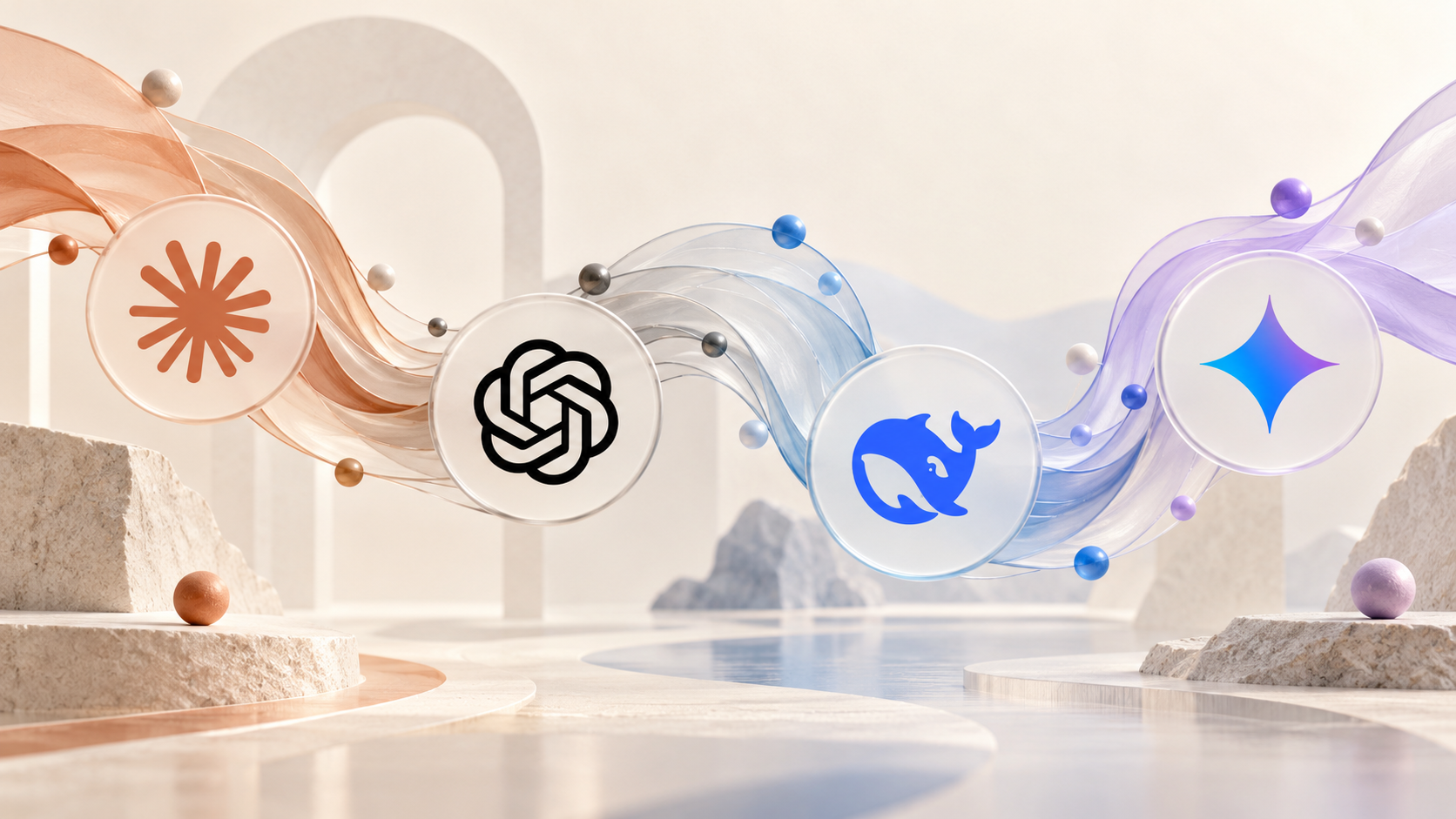 Abstract cover with Claude OpenAI DeepSeek and Gemini logos